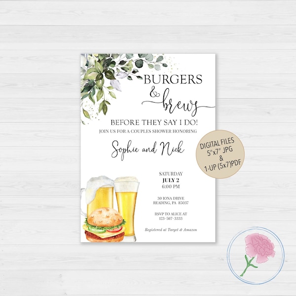 Burgers and Brews before they say I Do Couples shower Invite,Eucalyptus Engagement Part Invite,Customized Burgers and Brews Digital Invite