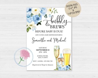Invitación de burbujas y cervezas antes de que el bebé venza, invitación de ducha de parejas de burbujas y cervezas, invitación digital personalizada de baby shower floral azul