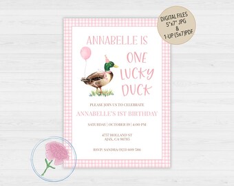 Mallard Duck Girl 1st Birthday Invitation,Duck First Birthday Invite,Customized Digital Duck Girl Birthday Invite,One Lucky Duck Invite,