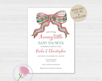 May include: A white baby shower invitation featuring a watercolour plaid bow in red and green. The invitation reads "A merry little BABY SHOWER" and includes details for Noela & Christopher's shower, including the date, time, and location.