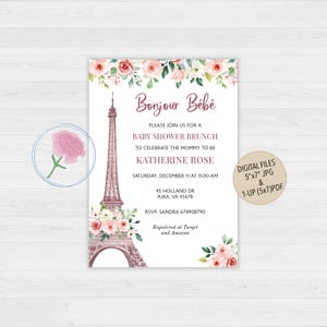 Paris Baby Shower Invite,Eiffel Tower Baby Shower Invite,Bonjour Bebe Invite,Customized Digital Pink Floral French Baby Shower Brunch Invite