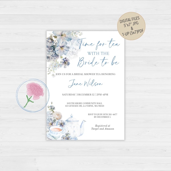 Dusty Blue Bridal Shower Tea Party Invite,Customized Digital Time For Tea Bridal Shower Invite,Something Blue Bridal Shower Tea Party Invite