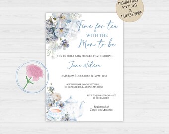 Invito per baby shower, tea party floreale blu polvere, invito digitale personalizzato per la festa del bambino dell’ora del tè, invito per il tè per baby shower in giardino floreale blu