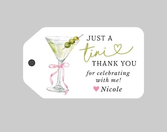 Etiquetas de agradecimiento Martini, Etiquetas de agradecimiento de cumpleaños Martini, Etiquetas de agradecimiento Just a Tini, Etiquetas Coquette Bow and Martini, Etiquetas para fiesta de cóctel de cumpleaños