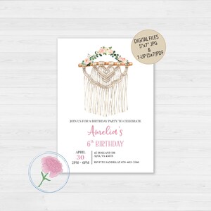 Spring Floral Boho Birthday Invite,Spring Floral Boho Girl Birthday Invite,Pink Floral Bohemian Macrame Customized Digital Birthday Invite