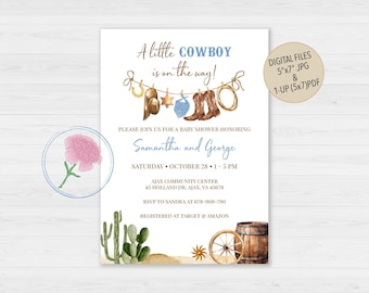 Inbjudan till liten cowboy-babyshower, inbjudan till babyshower i blått med lantliga färger, anpassad digital inbjudan till babyshower i vilda västern