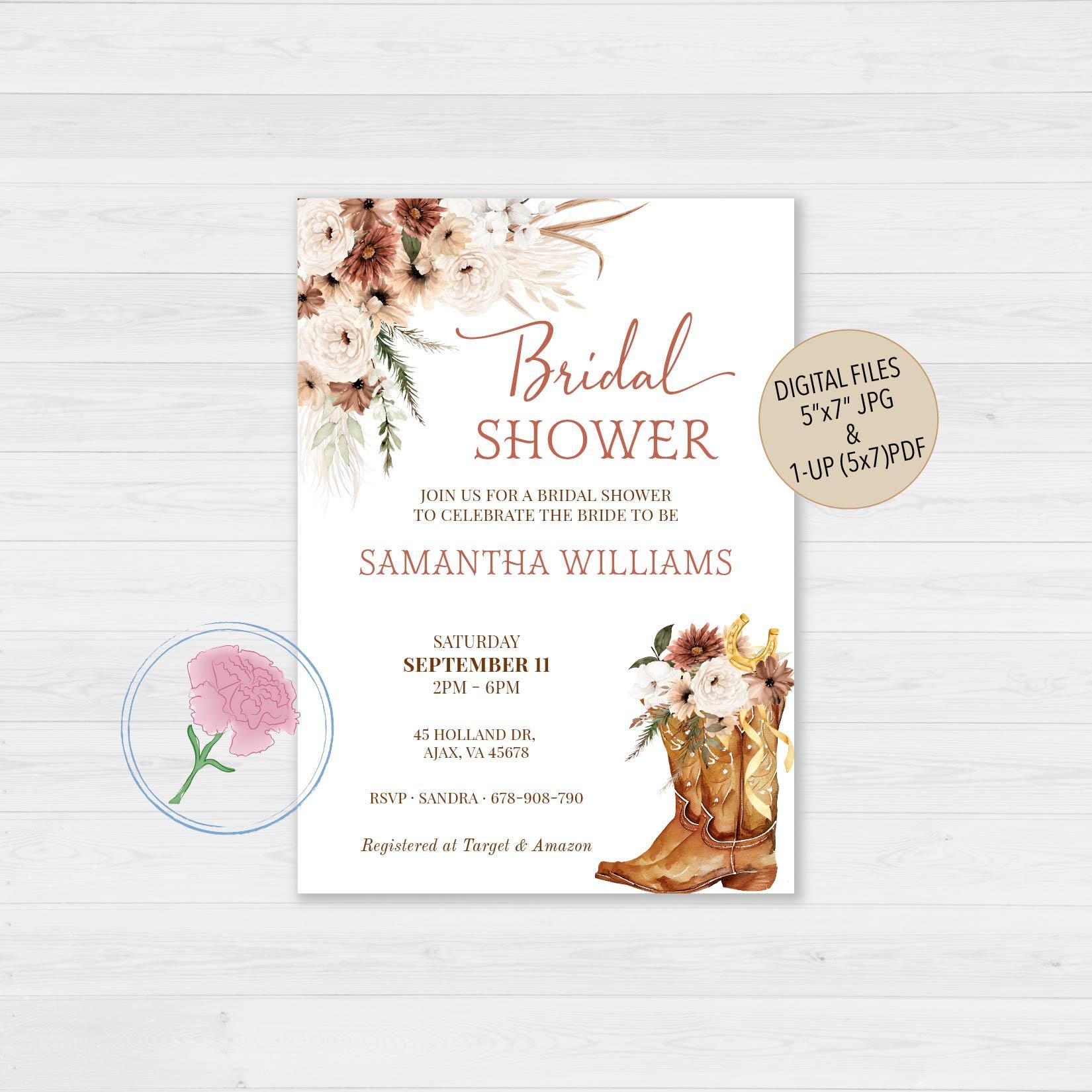 Boho Country Western Bridal Shower Invite,Customized Digital Wild West Cowboy Boots Bridal Shower Invite,Boho Floral Cowgirl Boots Invite