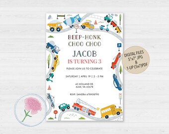Transportation Birthday Invite,Cars Trucks & Trains Invite,Customized Digital City Transport Kids Birthday Invite,BEEP HONK Choo Choo Invite