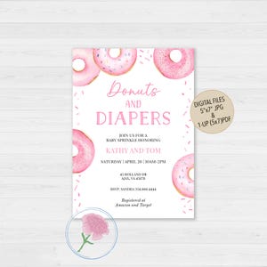 Donuts Baby Sprinkle Invite,Donuts and Diapers Invite,Donuts Girl Baby Sprinkle Invite,Donuts Girl Baby Shower Invite,Pink Donuts Invite image 1