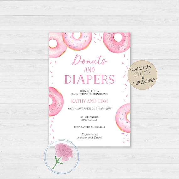 Donuts Baby Sprinkle Invite,Donuts and Diapers Invite,Donuts Girl Baby Sprinkle Invite,Donuts Girl Baby Shower Invite,Pink Donuts Invite