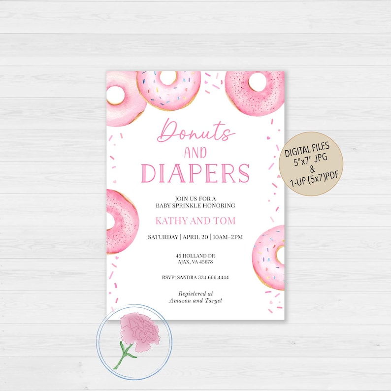 Donuts Baby Sprinkle Invite,Donuts and Diapers Invite,Donuts Girl Baby Sprinkle Invite,Donuts Girl Baby Shower Invite,Pink Donuts Invite image 1