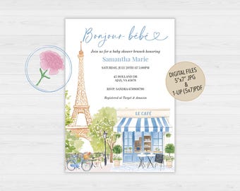 Paris Baby Boy Shower Invite,Eiffel Tower Baby Shower Invite,Customized Digital French Patisserie Invite,Parisian Cafe Invite,Bonjour Bebe