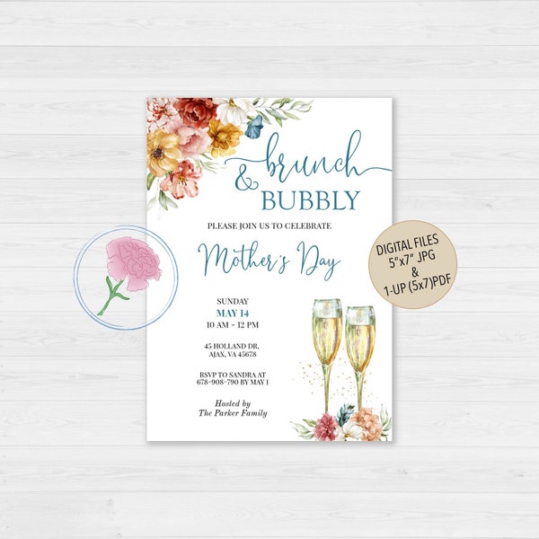 Garden Flowers Brunch and Bubbly Mother's Day Invite,Mom's Day Luncheon Invite,Customized Digital Spring Wildflowers Mom's Day Brunch Invite