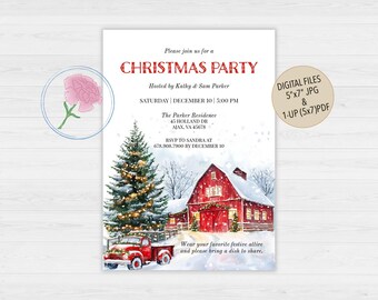 Red Barn Christmas Party Invite,Customized Digital Red Barn Farm Christmas Party Invite,Country Christmas Invite,Red Barn & Red Truck Invite
