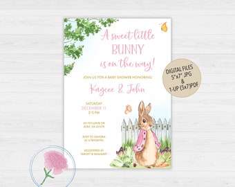 Peter Rabbit Baby Shower Invite,Beatrix Potter Baby Shower Invite,Customized Digital Pink Jacket Bunny Baby Shower Invite,Girl Baby Shower