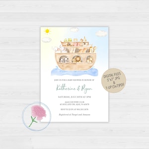 Noah&#39;s ark Baby Shower Invitation,Noah&#39;s Ark Animals Baby Shower Invite,Customized Digital Noah&#39;s Ark Bible Story Baby Shower Invitation