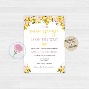 Zitrone-Babyparty-Einladung, unsere Haupt-Squeeze-Einladung, kundenspezifische digitale Zitronen-Rosa-Blumen einladen, Mamas Haupt-Squeeze ist auf dem Weg einladen