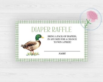 Kaczka krzyżówka, neutralna płciowo, znak na loterię pieluchową i bilety na loterię, Dzika kaczka, wydrukowany znak na baby shower 8x10 i wydrukowane bilety na loterię 3,5x2