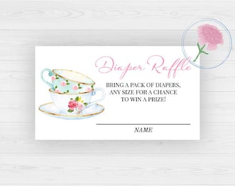 Letrero y boletos para rifa de pañales para niña Tea Party, letrero imprimible de 8 x 10 y boletos para rifa de 3,5 x 2 para Tea Party, letrero y boletos para rifa para baby shower de niña