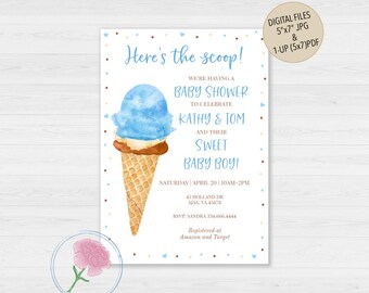 Invitación para baby shower de helado, aquí tienes la primicia, invitación para baby shower de niño con helado, invitación digital personalizada con helado azul