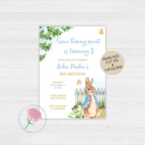 May include: A blue and white invitation with a watercolor illustration of a bunny rabbit. The invitation says "Some bunny sweet is turning 3" and includes the name "Aiden Parker's" and the date "December 11".