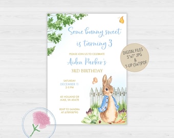 Peter Kanin födelsedagsinbjudan, kanin pojke eller flicka födelsedagsinbjudan, anpassad digital Peter Kanin flicka eller pojke födelsedagsinbjudan, Beatrix Potter inbjudan