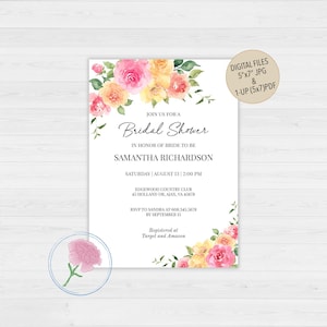 May include: A floral bridal shower invitation featuring pink and yellow watercolour flowers. The invitation includes the text "Join us for a Bridal Shower" and the bride-to-be's name, Samantha Richardson. The invitation also includes the date, time, and location of the shower, as well as the RSVP information. The invitation is decorated with a watercolour floral border.