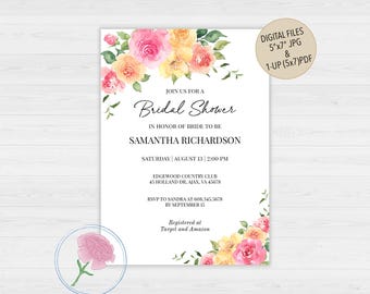 Bright Colorful Floral Bridal Shower Invite,Customized Digital Pink Yellow Orange Floral Invite,Spring or Summer Bridal Shower Invite