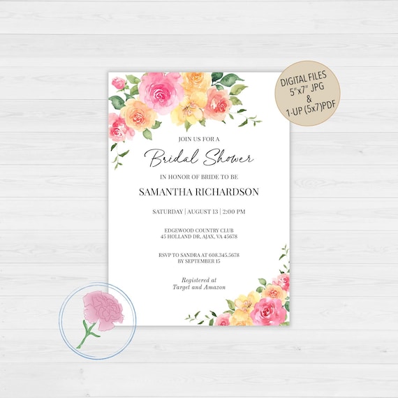 Bright Colorful Floral Bridal Shower Invite,Customized Digital Pink Yellow Orange Floral Invite,Spring or Summer Bridal Shower Invite