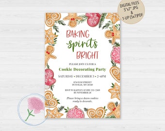 Baking Spirits Bright Party Invite,Christmas Baking & Cookie Decorating Party Invite,Customized Digital Christmas Cookie Decorating Invite