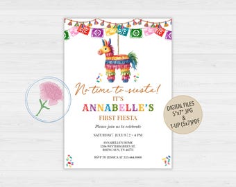 Inbjudan till första födelsedag med Fiesta-tema, födelsedagsinbjudan med mexikansk tema, anpassad digital piñata-födelsedagsinbjudan, Papel Picado-inbjudan, ingen tid för siesta!