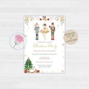 May include: A Christmas party invitation with a watercolor illustration of a Nutcracker, a ballerina, and a mouse king. The invitation is decorated with gold stars, red and green holly, and gold bows. The text on the invitation reads "Please join us for a Christmas Party" and includes the date, time, and location of the party. The invitation also requests guests to bring a wrapped gift for Secret Santa.