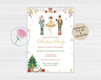 Puede incluir: Una invitación a una fiesta de Navidad con una ilustración de acuarela de un Cascanueces, una bailarina y un rey ratón. La invitación está decorada con estrellas doradas, acebo rojo y verde y lazos dorados. El texto de la invitación dice "Por favor, únase a nosotros para una fiesta de Navidad" e incluye la fecha, la hora y la ubicación de la fiesta. La invitación también solicita a los invitados que traigan un regalo envuelto para el Papá Noel secreto.