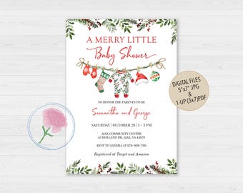 May include: A white baby shower invitation card featuring watercolor illustrations of pine branches, red berries, mittens, a stocking, a baby onesie, a Santa hat, and an ornament. The text reads A MERRY LITTLE Baby Shower, Samantha and George, October 28, 1-5 PM, Ajax Community Center, 45 Holland Dr, Ajax, VA 45678, RSVP to Sandra at 678-908-790, and Registered at Target and Amazon.