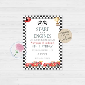 May include: Birthday party invitation with a race car theme. The invitation features a checkered border, race cars, a helmet, and a trophy. Text reads "Start Your Engines" and details for the party.