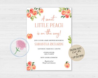 Invitación "Un dulce melocotón está en camino", invitación para baby shower "Pequeño melocotón", invitación digital personalizada "dulce como un melocotón"