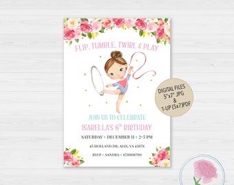 Invitación Flip,Tumble,Twirl &Play, invitación de cumpleaños de gimnasia, invitación personalizada a la fiesta de gimnasia digital, invitación personalizada a la gimnasia digital