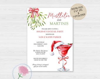 Può includere: Invito per una festa di cocktail natalizia con il testo "Mistletoe and Martinis". L'invito presenta un'illustrazione ad acquerello di un bicchiere da Martini con un cappello di Babbo Natale, vischio e un fiocco rosso. L'invito misura 12,7 x 17,8 cm.