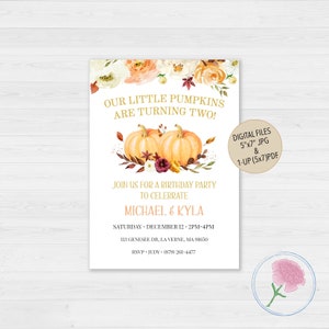 Little Pumpkins Twins Birthday Invitation,Fall Twins Birthday Invite,Autumn Birthday Invite,Customized Digital Pumpkin Twins Birthday Invite