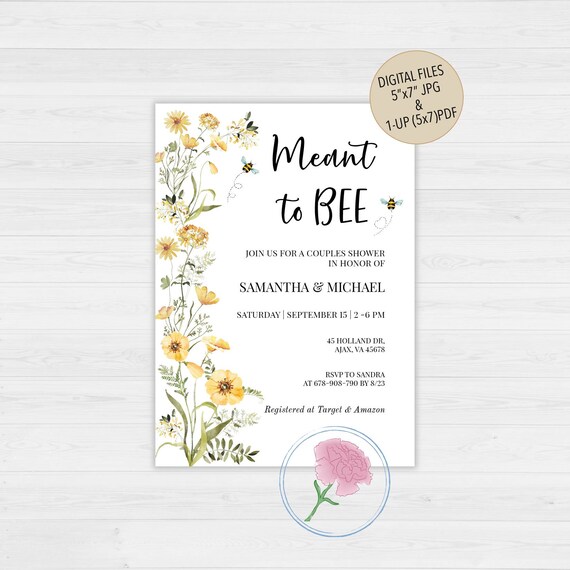 Bride to bee Bridal Shower Invite,Meant to BEE Couples Shower Invite,Customized Digital Bee and Yellow Wildflowers Bridal Shower Invite