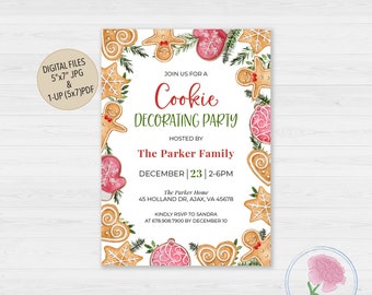 Puede incluir: Una invitación imprimible para una fiesta de decoración de galletas. La invitación presenta un fondo blanco con un borde de galletas de jengibre, acebo y adornos. El texto dice "Join us for a Cookie Decorating Party, Hosted by The Parker Family, December 23, 2-6PM, The Parker Home, 45 Holland Dr, Ajax, VA 45678, Kindly RSVP to Sandra at 678.908.7900 by December 10."