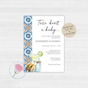 May include: A baby shower invitation with a blue and white tiled border. The invitation features a margarita, tacos, and a baby bottle. The text reads "Taco 'bout a baby..." and includes the names Katherine & George, the date and time of the shower, and the location. The invitation also includes RSVP information and the registry location.