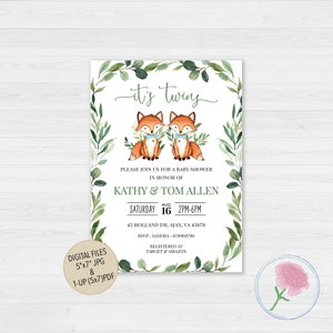 May include: A baby shower invitation with a watercolor illustration of two foxes wearing blue bow ties. The invitation is decorated with green leaves and the text "it's twing" in a cursive font. The text also includes the names "Kathy & Tom Allen", the date "Saturday, August 16", the time "2PM-6PM", the address "45 Holland Dr, Ajax, VA 45678", the RSVP information "RSVP-Sandra-678908790", and the registry information "Registered at Target & Amazon".