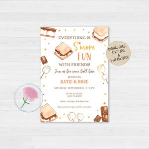 May include: A watercolor-style invitation with a s'mores theme. The invitation features the text "Everything is S'more Fun with Friends!" and details for a fall gathering. Includes illustrations of s'mores, marshmallows, and chocolate. The invitation is 5"x7" JPG and 1-UP (5x7) PDF.
