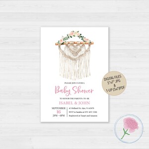 May include: A pink and white baby shower invitation with a floral wreath and a macrame wall hanging. The invitation includes the text "Please join us for a Baby Shower to honor the parents-to-be Isabel & John" and the date and time of the event.