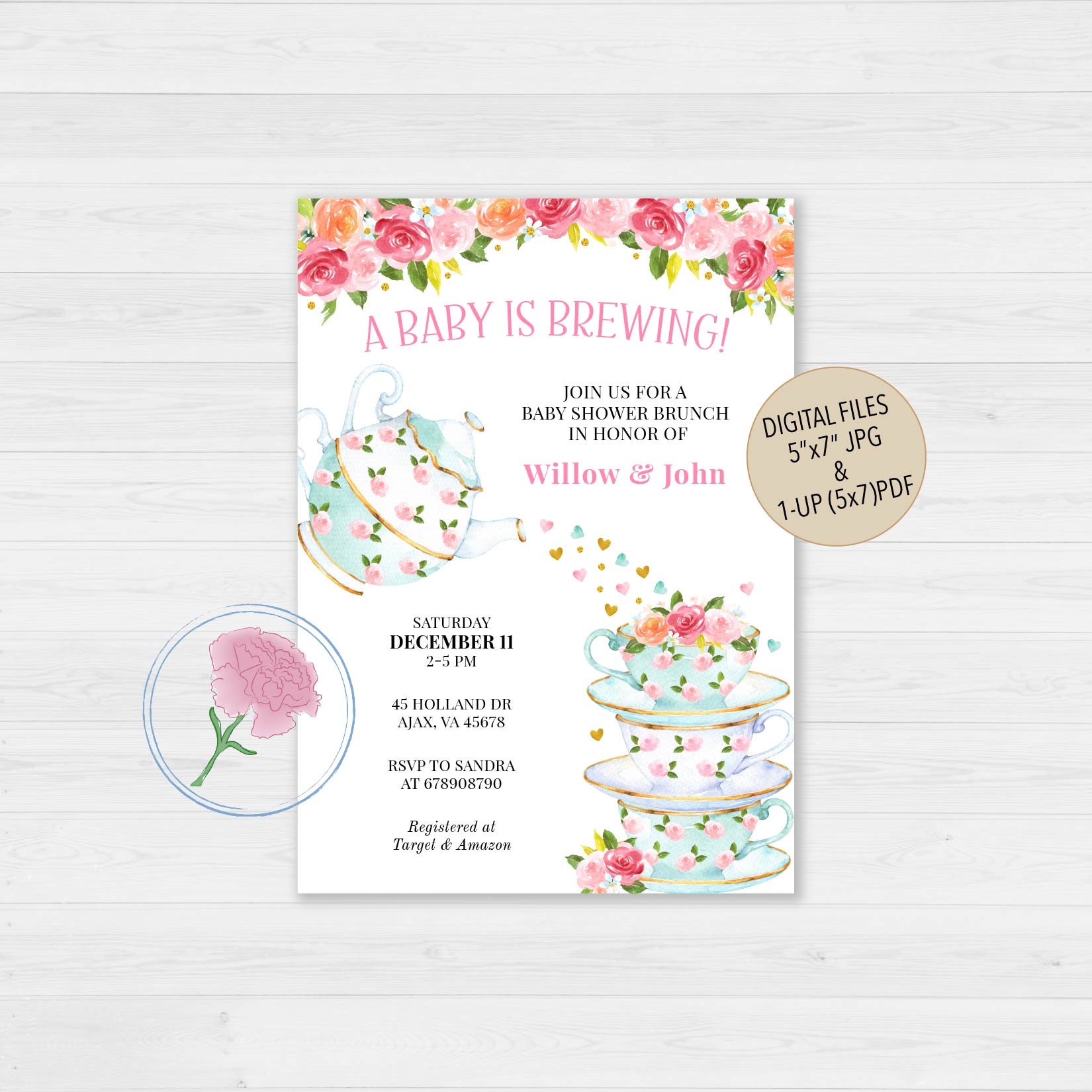 TEA Party Baby Shower Girl InviteCustomized Digital Baby Shower Tea Party InviteTime For Tea InvitePink Floral Tea Pot Cups