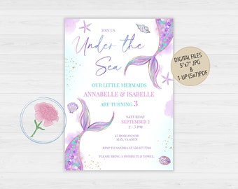 May include: A digital invitation for a mermaid-themed birthday party. The invitation features a watercolour background with purple and blue mermaid tails, seashells, and gold glitter. The text reads "Join us Under the Sea Our Little Mermaids Annabelle & Isabelle Are Turning 3 Saturday September 2 2-5 PM 45 Holland Dr Ajax, VA 45678 RSVP to Sandra at 556 677 7788 Please bring a swimsuit & towel Digital Files 5"x7" JPG & 1-UP (5x7)PDF"