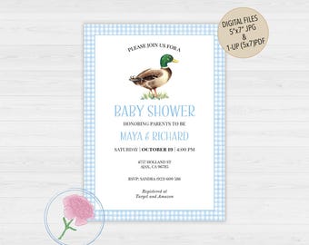 Wild Duck Baby Shower Invite,Mallard Duck Baby Boy Shower Invite,Customized Digital Duck Hunting Blue Gingham Invite,Little Hunter Invite