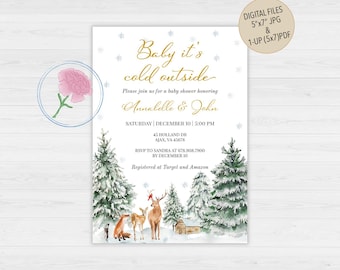 Invito baby shower invernale nel bosco, invito foresta invernale, invito baby shower invernale digitale personalizzato, invito baby it's cold outside