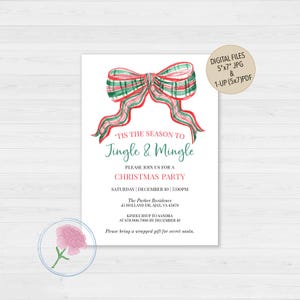May include: A Christmas party invitation featuring a watercolour bow in red, green, and white plaid. The invitation text reads "'Tis the Season to Jingle & Mingle" and includes party details. Digital files are available.